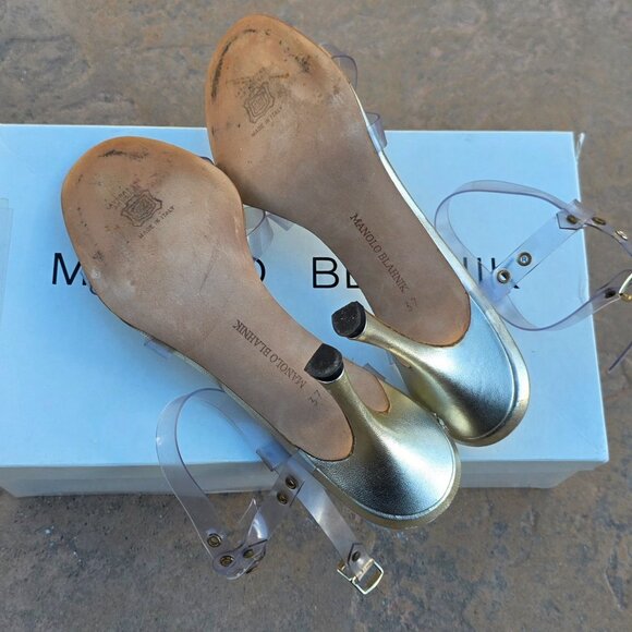 Vintage Manolo Blahnik Heeled Sandals (Gold Leather/PVC Straps) EU 37/US 7 - Picture 3 of 6